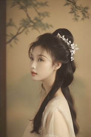 side profile face of a beautiful chinese woman, traditional, vintage, trun of century background