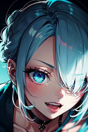 masterpiece, best quality, mature female, vampire, hair behind ear, beautiful detailed eyes, white colored eyelashes, excited, dark_persona, crazy, wide eyed, aqua eyes, asymmetrical bangs, smug, bob cut, hair over one eye, braided bun, mature, side braid, light blue hair, 