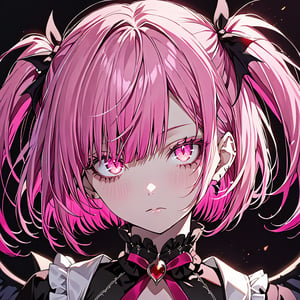 solo, looking at viewer, bangs, pink eyes, pink hair, 1girl, hair over one eye, closed mouth, female focus, wings, hair behind ear, glowing, split theme, bob cut, hair behind ear, twintails, asymmetrical hair, wide eyed, gothic_lolita, beautiful eyes, beautiful detailed eyes, sparking eyes, masterpiece, best quality, vampire, crazy, dark_persona, mature_female