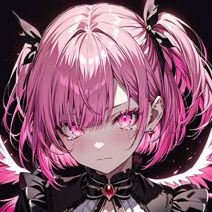solo, looking at viewer, bangs, pink eyes, pink hair, 1girl, hair over one eye, closed mouth, female focus, wings, hair behind ear, glowing, split theme, bob cut, hair behind ear, twintails, asymmetrical hair, wide eyed, gothic_lolita, beautiful eyes, beautiful detailed eyes, sparking eyes, masterpiece, best quality, vampire, crazy, dark_persona, mature_female, crying with eyes open, tears