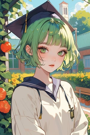 Aesthetic art,2d,dal-3, 1girl, solo,makeup, game print, absurdres,college graduation gown
,
short bob cut hair, green hair, blunt bangs, Korean-style youthful clothing,University sweatshirt, , School scene: school garden,