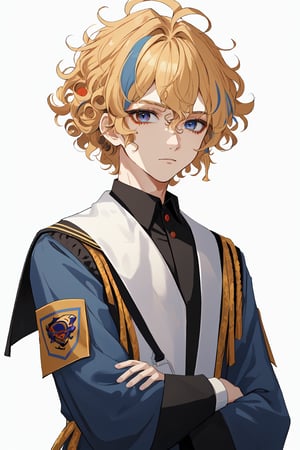 Aesthetic art,2d,dal-3, 1boy, solo,makeup, game print, absurdres,college graduation gown, Hair color: Blonde, Hair style: Curly hair, Haircut: Unkempt curls, Eye color: Blue, Expression: Outgoing, Mood: Joyful, School scene: Sports field