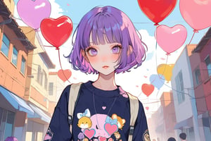 Aesthetic art,2d,dal-3, 1girl, solo,short bob cut hair, purple hair, blunt bangs,  Korean-style youthful clothing,University sweatshirt, , purple eyes, makeup, game print, absurdres,School scene,There are many heart-shaped balloons nearby
