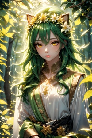 
anime,
Green-haired boy, long hair, golden eyes with a mystical, enchanting glow, long green eyelashes, pale green lips with a subtle sparkle, wearing a flower crown, brown tunic, green vines around the waist, barefoot standing on a forest clearing, audience is a small gray dog lying on a leaf bed, dog with a white flower on its head, surrounded by glowing mushrooms, sunlight filtering through the leaves.