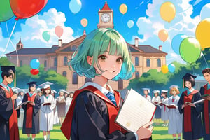 Aesthetic art,2d,dal-3, 1girl, solo,short bob cut hair, 

green hair, blunt bangs,  Korean-style youthful clothing,University sweatshirt, , 
brown eyes, makeup, game print, absurdres,On a clear morning, under a blue sky with white clouds, the university graduates stand on the green lawn, dressed in their academic gowns and caps. The backdrop is a grand school building with classical-style arches and stone carvings. The graduates hold their diplomas, their faces beaming with joy and pride. Colorful balloons and flowers are arranged around them, symbolizing success and the start of a new life. Family and friends stand nearby, taking photos to capture this significant moment. In the distance, the chimes of the campus clock tower ring out, adding a touch of solemnity and joy to this beautiful occasion.,gentle,happy