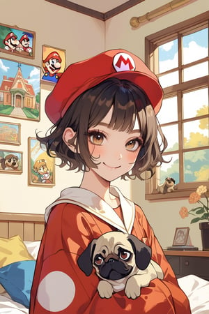 Aesthetic art,2d,dal-3, 1girl, solo,makeup, game print, absurdres,college graduation gown,


Hair color: Brown, Hair style: Short hair, Hair cut: Ear-length short hair, Eye color: Brown, Expression: Closed-mouth smile, Mood: Happy, Scene: Girl's room, Surroundings: Many pugs dressed as Mario, the girl is also wearing a Mario hat.