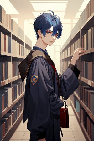 Aesthetic art,2d,dal-3, 1boy, solo,makeup, game print, absurdres,college graduation gown,

Hair color: Blue, Hair style: Short hair, Haircut: Unruly short hair, Eye color: Blue, Expression: Calm, Mood: Peaceful, School scene: Library