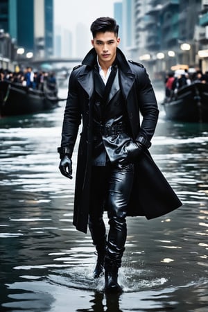 1men, age 20, solo, Hong Kong men, Full body image,
 looking at viewer, Pompadour hair, gloves, muscular male, male focus, black gloves, belt, pants, Tight gloves, coat, clenched hands, black coat, the coat is fully open, black leater shoes, realistic, Walking on the water, Expressiveh, concept art