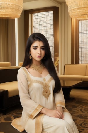 beautiful cute young attractive girl indian, teenage girl, village girl,18 year old,cute, instagram model,long black hair . Imagine a Pakistani woman wearing a stunning white shalwar kameez, reclining gracefully in a lavish hotel lobby, her confidence evident in her posture, her chest subtly accentuated, adorned with intricate jewelry and elegant earrings, 3D rendering, focusing on lifelike textures and lighting effects, --ar 16:9 --v 5