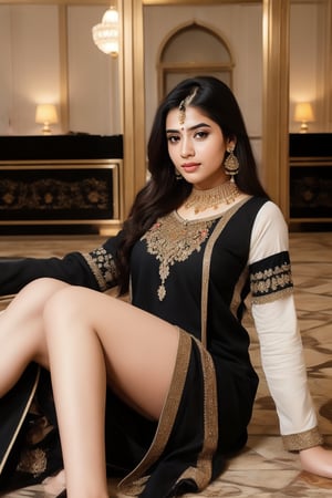 beautiful cute young attractive girl indian, teenage girl, village girl,18 year old,cute, instagram model,long black hair . Imagine a Pakistani woman wearing a stunning white shalwar kameez, reclining gracefully in a lavish hotel lobby, her confidence evident in her posture, her chest subtly accentuated, adorned with intricate jewelry and elegant earrings, 3D rendering, focusing on lifelike textures and lighting effects, --ar 16:9 --v 5