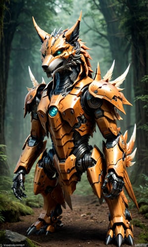 This robotic creature combines elements of a mechanical warrior with draconian features, including wings, spines, and an overall appearance of power and aggressiveness. Its design is clearly combat-oriented, with multiple built-in weapons and sturdy little wolf armor.