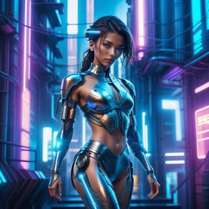 A futuristic cyberpunk cityscape background with neon lights, a model wearing a metallic cyberpunk bikini, striking a confident pose, dynamic lighting highlighting the intricate details of the outfit.