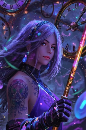 A mesmerizing scene unfolds: a single girl, her lavender hair flowing like a river, casts an arcane spell amidst swirling clock faces and rainbow aura. Glowing eyes pierce through the darkness as she summons floating gears and clockwork tattoos. Energy ribbons and multicolored light trails dance around her, as she wields a magical staff within a warped reality. The background twists and distorts, reflecting the fractured time and broken clocks that surround her. Vibrant colors from cosmic galaxies blend with psychedelic hues, creating a surreal landscape of shifting perspectives and portals. The girl's sharp eyes sparkle with a knowing smile, surrounded by neon lights and an ethereal glow. Her skin glows with an otherworldly intensity as sparks of magic erupt around her. Digital art textures are highly detailed, with ambient occlusion adding depth to this trippy time vortex of shifting dimensions.