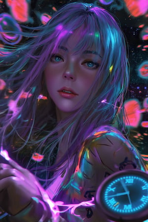 A mesmerizing scene unfolds: a single girl, her lavender hair flowing like a river, casts an arcane spell amidst swirling clock faces and rainbow aura. Glowing eyes pierce through the darkness as she summons floating gears and clockwork tattoos. Energy ribbons and multicolored light trails dance around her, as she wields a magical staff within a warped reality. The background twists and distorts, reflecting the fractured time and broken clocks that surround her. Vibrant colors from cosmic galaxies blend with psychedelic hues, creating a surreal landscape of shifting perspectives and portals. The girl's sharp eyes sparkle with a knowing smile, surrounded by neon lights and an ethereal glow. Her skin glows with an otherworldly intensity as sparks of magic erupt around her. Digital art textures are highly detailed, with ambient occlusion adding depth to this trippy time vortex of shifting dimensions.