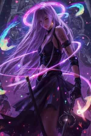 A mesmerizing scene unfolds: a single girl, her lavender hair flowing like a river, casts an arcane spell amidst swirling clock faces and rainbow aura. Glowing eyes pierce through the darkness as she summons floating gears and clockwork tattoos. Energy ribbons and multicolored light trails dance around her, as she wields a magical staff within a warped reality. The background twists and distorts, reflecting the fractured time and broken clocks that surround her. Vibrant colors from cosmic galaxies blend with psychedelic hues, creating a surreal landscape of shifting perspectives and portals. The girl's sharp eyes sparkle with a knowing smile, surrounded by neon lights and an ethereal glow. Her skin glows with an otherworldly intensity as sparks of magic erupt around her. Digital art textures are highly detailed, with ambient occlusion adding depth to this trippy time vortex of shifting dimensions.