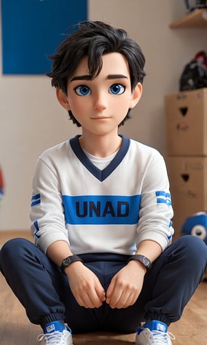 Animated light tan guy sitting on a floor, as if he was showing it to the viewer or examining something on the screen. dress only black eyes black hair animated 3d sweatshirt: The character wears a white V-neck sweatshirt with blue details. The word "UNAD" is printed prominently in blue on the chest. Blue and white stripes run down the sleeves, adding an athletic touch.
Pants: The pants are black jogger style with blue and white stripes on the sides. They also have a logo on the left thigh area, which indicates a sports or institutional affiliation.
Shoes: The character wears white sneakers, maintaining a casual and sporty 3D aesthetic.tic.