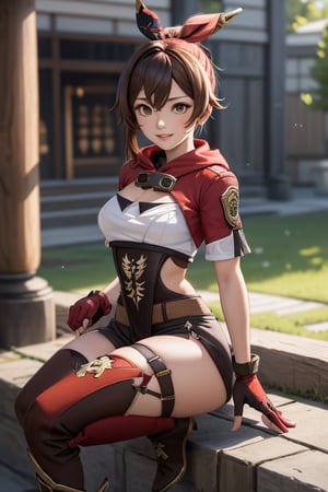 outdoor, genshin impact character Amber, wearing her red and brown adventurer's outfit, long and dark brown hair that she wears in a high ponytail, striking amber-colored eyes that match her name, wearing thigh-high brown boots, wearing fingerless gloves that match the rest of her outfit, looking at viewer, 1 girl, amber (genshin impact), sexy