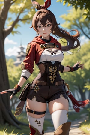outdoor, woods, genshin impact character Amber, wearing her red and brown adventurer's outfit, long and dark brown hair that she wears in a high ponytail, striking amber-colored eyes that match her name, wearing thigh-high brown boots, wearing fingerless gloves that match the rest of her outfit, 1 girl, amber (genshin impact)