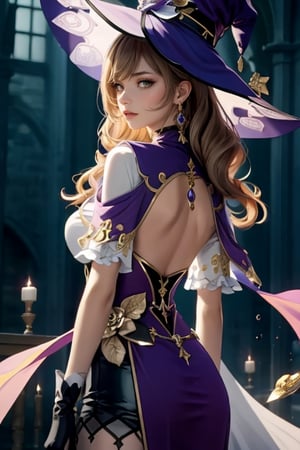 Genshin Impact character Lisa, Wearing a deep purple, sorceress-like dress adorned with gold and white accents, wearing large and wide-brimmed witch hat, long and wavy light brown hair that cascades down her back, striking green eyes, wearing a choker around her neck with a gemstone, wearing a long and elegant gloves that extend up to her upper arms, wearing a short cape attached to her outfit, background: Mondstadt,lisa_a,lisa (genshin impact),lisadef