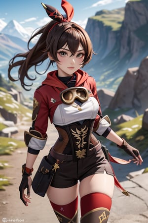 outdoor mountains, genshin impact character Amber, wearing her red and brown adventurer's outfit, long and dark brown hair that she wears in a high ponytail, striking amber-colored eyes that match her name, wearing thigh-high brown boots, wearing fingerless gloves that match the rest of her outfit, looking at viewer, 1 girl,amber (genshin impact)