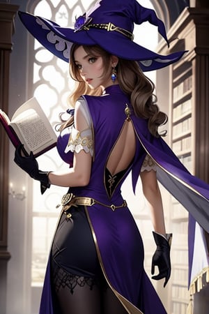 Genshin Impact character Lisa, Wearing a deep purple, sorceress-like dress adorned with gold and white accents, wearing large and wide-brimmed witch hat, long and wavy light brown hair that cascades down her back, striking green eyes, wearing a choker around her neck with a gemstone, wearing a long and elegant gloves that extend up to her upper arms, wearing a short cape attached to her outfit, background: mystical library setting, reflecting her role as a knowledgeable and powerful librarian, Her pose is confident and poised, with one leg bent, facing at viewers, looking at viewers, holding a book