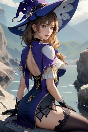 Genshin Impact character Lisa, Wearing a deep purple, sorceress-like dress adorned with gold and white accents, wearing large and wide-brimmed witch hat, long and wavy light brown hair that cascades down her back, striking green eyes, wearing a choker around her neck with a gemstone, wearing a long and elegant gloves that extend up to her upper arms, wearing a short cape attached to her outfit, Sitting on a rock, background: Mondstadt,lisa_a,lisa (genshin impact),lisadef