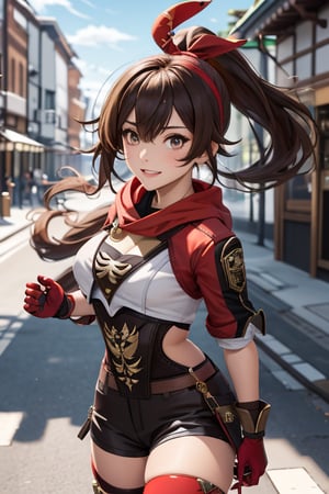 outdoor, genshin impact character Amber, wearing her red and brown adventurer's outfit, long and dark brown hair that she wears in a high ponytail, striking amber-colored eyes that match her name, wearing thigh-high brown boots, wearing fingerless gloves that match the rest of her outfit, looking at viewer, 1 girl,amber (genshin impact)
