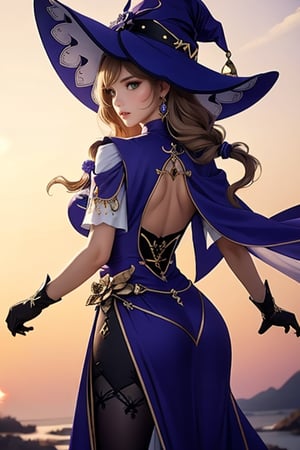 Genshin Impact character Lisa, Wearing a deep purple, sorceress-like dress adorned with gold and white accents, wearing large and wide-brimmed witch hat, long and wavy light brown hair that cascades down her back, striking green eyes, wearing a choker around her neck with a gemstone, wearing a long and elegant gloves that extend up to her upper arms, wearing a short cape attached to her outfit, background: Bishui Plain, Her pose is confident and poised, with one leg bent,
lisa_a,lisa (genshin impact),lisadef