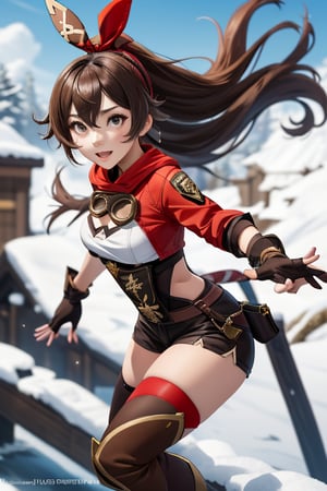 background: genshin impact, genshin impact character Amber, wearing her red and brown adventurer's outfit, long and dark brown hair that she wears in a high ponytail, striking amber-colored eyes that match her name, wearing thigh-high brown boots, wearing fingerless gloves that match the rest of her outfit, 1 girl, amber (genshin impact)