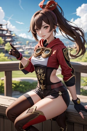 outdoor, genshin impact character Amber, wearing her red and brown adventurer's outfit, long and dark brown hair that she wears in a high ponytail, striking amber-colored eyes that match her name, wearing thigh-high brown boots, wearing fingerless gloves that match the rest of her outfit, looking at viewer, 1 girl,amber (genshin impact)