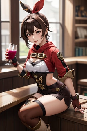 indoor, genshin impact character Amber, wearing her red and brown adventurer's outfit, long and dark brown hair that she wears in a high ponytail, striking amber-colored eyes that match her name, wearing thigh-high brown boots, wearing fingerless gloves that match the rest of her outfit, looking at viewer, 1 girl, amber (genshin impact), drinking juice