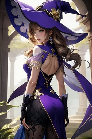 Genshin Impact character Lisa, Wearing a deep purple, sorceress-like dress adorned with gold and white accents, wearing large and wide-brimmed witch hat, long and wavy light brown hair that cascades down her back, striking green eyes, wearing a choker around her neck with a gemstone, wearing a long and elegant gloves that extend up to her upper arms, wearing a short cape attached to her outfit, background: Genshin Impact woods, Her pose is confident and poised, with one leg bent, facing at viewers, looking at viewers,
lisa_a,lisa (genshin impact),lisadef
