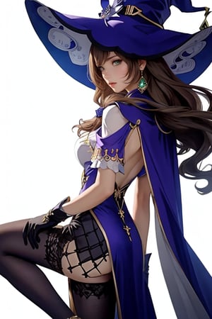 Genshin Impact character Lisa, Wearing a deep purple, sorceress-like dress adorned with gold and white accents, wearing large and wide-brimmed witch hat, long and wavy light brown hair that cascades down her back, striking green eyes, wearing a choker around her neck with a gemstone, wearing a long and elegant gloves that extend up to her upper arms, wearing a short cape attached to her outfit, background: Bishui Plain, Her pose is confident and poised, with one leg bent, facing at viewers, looking at viewers,
lisa_a,lisa (genshin impact),lisadef
