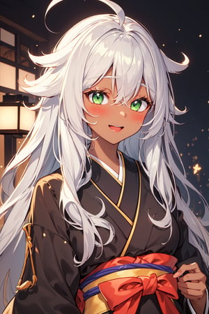 (masterpiece), best quality, detailed, 1girl, long hair, gray hair, green eyes, long eyelashes, teenager, ahoge ahogue, young, teenbody, detailed mouth, happy expression, causal clothes, dark skin, dark skinned, brownskin, sexy,
(japan background) hair flaps, hair flaps