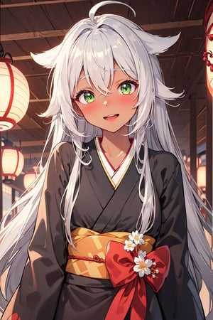 (masterpiece), best quality, detailed, 1girl, long hair, gray hair, green eyes, long eyelashes, teenager, ahoge ahogue, young, teenbody, detailed mouth, happy expression, causal clothes, dark skin, blushing, sexy,
(japan background) hair flaps, hair flaps