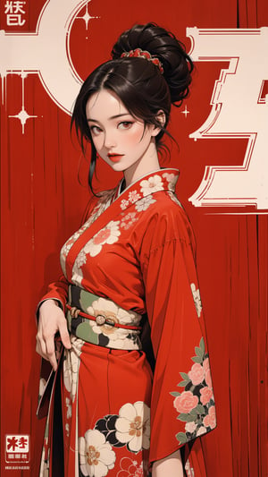 1girl, kimono girl, looking at viewer, thigh up body, sexy and elegant, red background, hairstyle, dynamic composition, styled clothes, cutout clothing, ultra detailed, best quality, sharp focus, aespakarina, magazine cover, outline, 2D art, chimai,htt,sim,huondey,kn