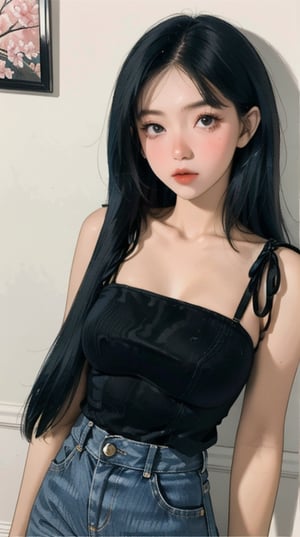 full-length_portrait, sfw, photograph of a 18-years-old indonesian female, surreal, mini denim, girl with a beautiful black hair, front pose view, standing in space