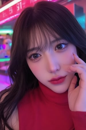 beauty_asian, illuxystyle, A beautiful korean woman at nightclub, hair cover her left eye, solo focus, wearing red dress, red lips, black long hair, blue eyes, dark room, neon, shiny, 4k UHD, detailed skin, serene, depth of field 