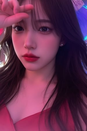 beauty_asian, illuxystyle, A beautiful korean woman at nightclub, hair cover her left eye, solo focus, wearing red dress, red lips, black long hair, blue eyes, dark room, neon, shiny, 4k UHD, detailed skin, serene, depth of field 