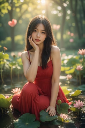 A serene and idyllic scene unfolds as a lovely japanese girl, dark hair sits poised on a lotus leaf, surrounded by lush water crimson lotus, wearing red dress. The camera captures her gentle smile and playful pose, with the pear blossoms framing her features. Soft, warm sunlight filters through the misty air, casting a soft glow over the tranquil setting, soft sunlight shine her face. Realistic Photo. different image