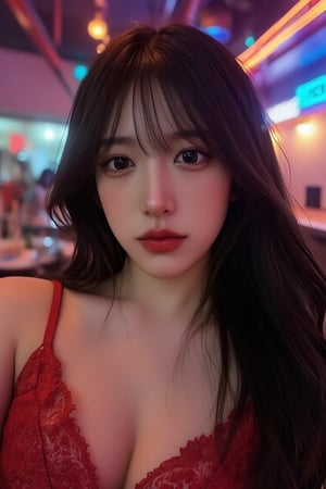 beauty_asian, illuxystyle, A beautiful korean woman at nightclub, hair cover her left eye, solo focus, wearing red dress, red lips, black long hair, blue eyes, dark room, neon, shiny, 4k UHD, detailed skin, serene, depth of field 