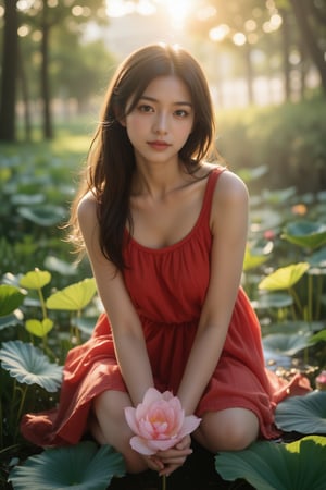 A serene and idyllic scene unfolds as a lovely japanese girl, dark hair sits poised on a lotus leaf, surrounded by lush water crimson lotus, wearing red dress. The camera captures her gentle smile and playful pose, with the pear blossoms framing her features. Soft, warm sunlight filters through the misty air, casting a soft glow over the tranquil setting, soft sunlight shine her face. Realistic Photo. different image