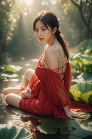 A serene and idyllic scene unfolds as a lovely japanese girl, dark hair sits poised on a lotus leaf, surrounded by lush water crimson lotus, wearing red dress. The camera captures her gentle smile and playful pose, with the pear blossoms framing her features. Soft, warm sunlight filters through the misty air, casting a soft glow over the tranquil setting, soft sunlight shine her face. Realistic Photo. different image