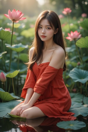 A serene and idyllic scene unfolds as a lovely japanese girl, dark hair sits poised on a lotus leaf, surrounded by lush water crimson lotus, wearing red dress. The camera captures her gentle smile and playful pose, with the pear blossoms framing her features. Soft, warm sunlight filters through the misty air, casting a soft glow over the tranquil setting, soft sunlight shine her face. Realistic Photo. different image