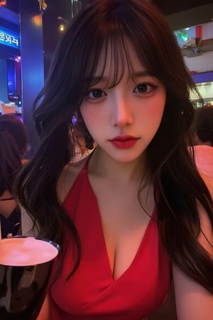 beauty_asian, illuxystyle, A beautiful korean woman at nightclub, hair cover her left eye, solo focus, wearing red dress, red lips, black long hair, blue eyes, dark room, neon, shiny, 4k UHD, detailed skin, serene, depth of field 