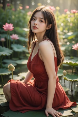 A serene and idyllic scene unfolds as a lovely japanese girl, dark hair sits poised on a lotus leaf, surrounded by lush water crimson lotus, wearing red dress. The camera captures her gentle smile and playful pose, with the pear blossoms framing her features. Soft, warm sunlight filters through the misty air, casting a soft glow over the tranquil setting, soft sunlight shine her face. Realistic Photo. different image