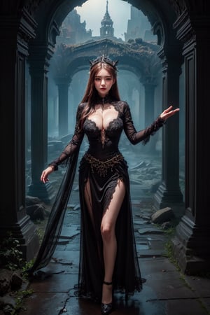 (masterpiece, high quality:1.5), (8K, HDR), masterpiece, best quality, 1girl, solo, full_body, deep cleavage hourglass body, beautiful sorceress a witch .black background interior ruin Temple,, 25-year-old,