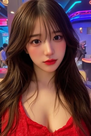 beauty_asian, illuxystyle, A beautiful korean woman at nightclub, hair cover her left eye, solo focus, wearing red dress, red lips, black long hair, blue eyes, dark room, neon, shiny, 4k UHD, detailed skin, serene, depth of field 