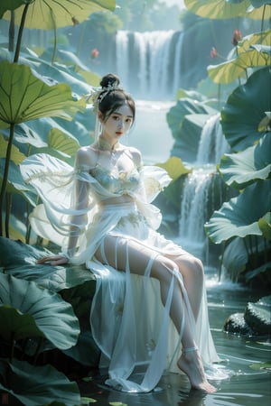 (RAW, Masterpiece, Best Quality, Photorealistic, HD, 8K), 1girl, 16 years old, black hair, long hair, hair blowing in the wind, traditional Chinese hairstyle, chair, Jin Yong martial arts, solo, hair accessories, pink lips. Long eyelashes, correct human body structure, standard female figure, thin, fairy temperament, (light blue thin and transparent clothes:1.2), bellyband, naked lower body, perfect of pussy, loose hair, very bright big eyes, fine hair, large pores , small breasts, navel, ponytail, arms, outdoors, Chinese sword, water, bun, holding weapon, uncensored, single bun, arms extended, realistic, waterfall, girl swinging sword, martial arts moves, sword fighting moves, jumping , lunge, stand independently, movements clearly visible. The sword is long and delicate, with a mountain background and a waterfall background. Large wide angle lens, movie lens, real photo, Chinese landscape painting scenery, blurred background. Full body photos, chinkstyle, ink painting,jianxian,(light blue ru skirt:1.2),xuer extravagant gown,Koi,xuer martial arts,xuer Lotus leaf, 