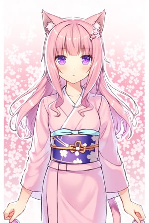 nekopara,1 girl,cat ears,cat tail,white long hair,pink wavy shoulder-length hair, purple eyes, pink and white kimono, purple obi, cherry blossom hairpin, pink ears and tail, 
